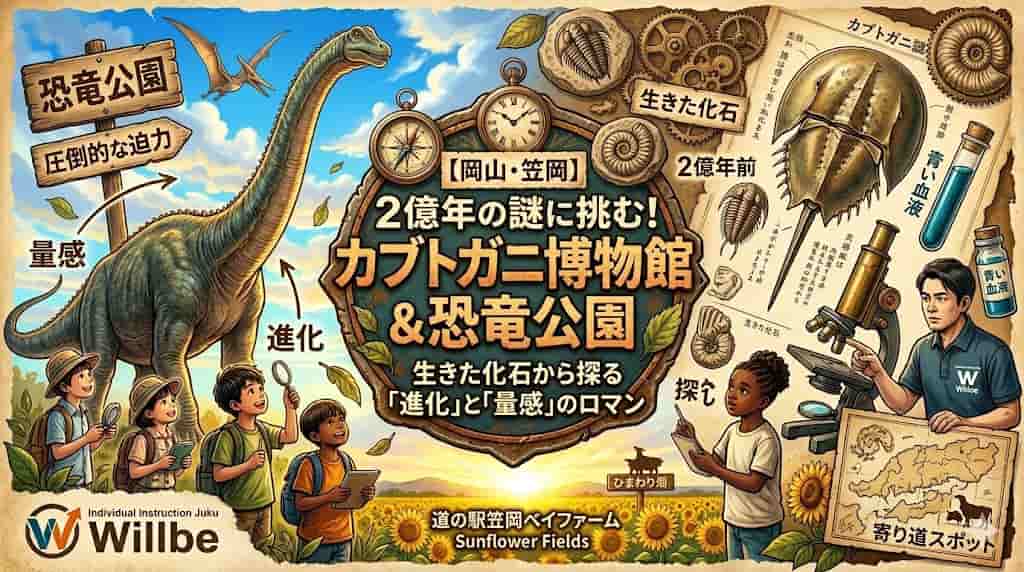 笠岡市立カブトガニ博物館と恐竜公園を描いた、ドラマチックな冒険コンセプトアート風のアイキャッチ画像。アースカラーと夕焼けの光をベースに、画面いっぱいの巨大なディプロドクスが夕日に染まる空を見上げ、足元にちっぽけな姿で方位磁針やルーペを手に探究する子供たちが立つ。中央には錆びた質感のテキストで『2億年の謎に挑む！カブトガニ博物館＆恐竜公園』とあり、方位磁針や化石が絡み合ったメダル風のデザイン。深みのある青い血液の試験管や顕微鏡、生きた化石カブトガニの精密なイラストも。赤穂の塾Willbeが届ける探究お出かけ記のアイキャッチ。