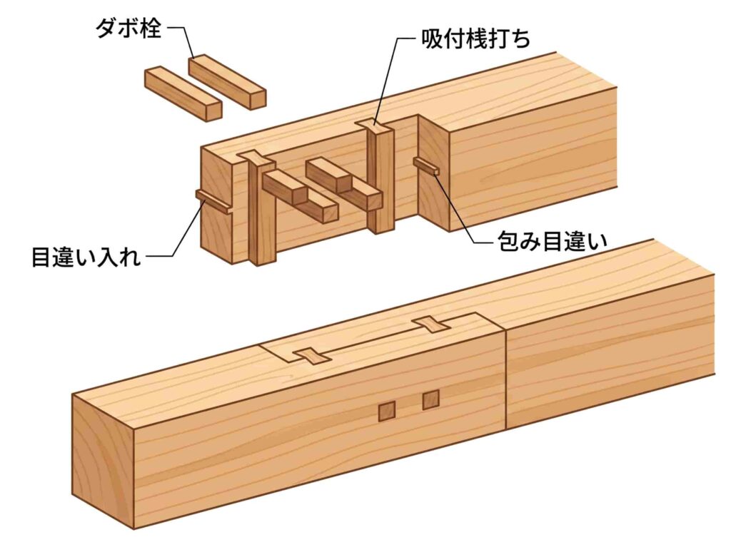 AIで生成した日本の伝統的な木組み技術「継手・仕口（つぎて・しぐち）」のイメージ図。釘や接着剤を使わずに複雑に組み合わさる木材の構造を示している。神戸の竹中大工道具館で展示されている「本物」の驚異的な精度と芸術性を伝えるための比較用画像。