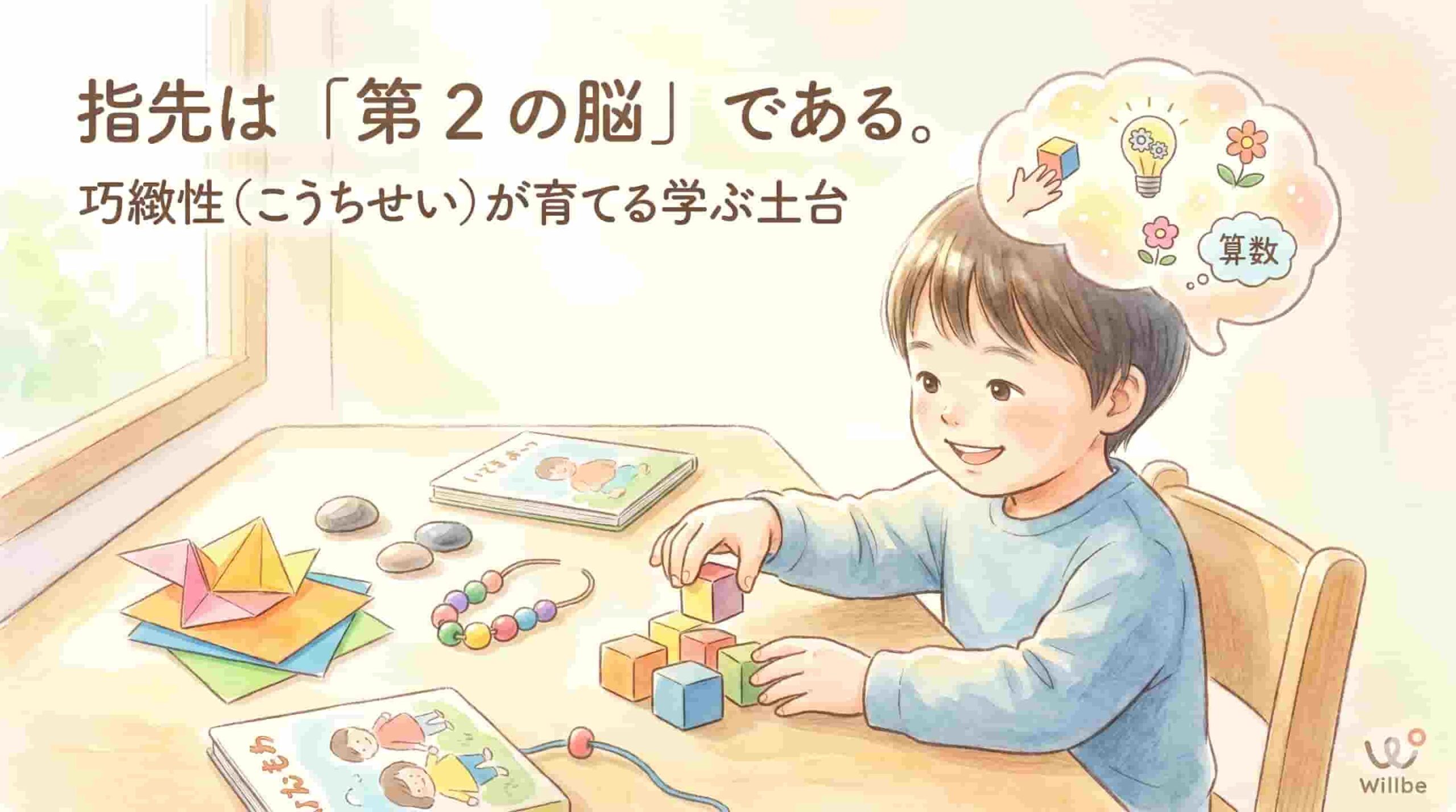 日当たりの良い部屋で、積み木を手に笑顔で遊ぶ小さな男の子の水彩画風イラスト。左上には「指先は『第2の脳』である。巧緻性(こうちせい)が育てる学ぶ土台」とテキストがあり、男の子の頭上には歯車と電球、算数と書かれた吹き出しが描かれている。右下にWillbeのロゴ。