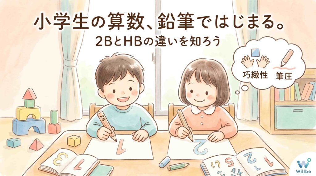 小学生の算数学習における2BとHBの鉛筆の使い分けを解説するアイキャッチ画像。子供たちが机に向かい、巧緻性や筆圧の重要性について考えている様子を温かいイラストで表現。個別指導塾Willbeのブログ記事用。