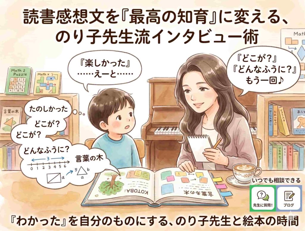 代替テキスト (Alternative Text) 説明: 温かみのある水彩画風のイラスト。若い女性講師（のり子先生）が小学生の男の子と絵本を囲み、対話している様子を描いています。 上部には「読書感想文を『最高の知育』に変える、のり子先生流インタビュー術」という大きなタイトル。男の子の思考バルーン（左下）には「たのしかった」という言葉と共に、より具体的な問いかけ（「どこが？」「どんなふうに？」）、数式チャート（「3→」など）、そして「言葉の木」の概念が描かれ、男の子は「『楽しかった』……えーと……」と講師を見ています。講師（右）は男の子に優しく微笑み、ノートとペンを持ちながら「『どこが？』『どんなふうに？』もう一回♪」と促しています。 下部には「『わかった』を自分のものにする、のり子先生と絵本の時間」というタイトル。右下にはLINEのアイコンがあり、「先生に質問！」（チャットアイコン）と「ブログ」（ノートアイコン）のボタンとともに「いつでも相談できる」と書かれています。背景の本棚には「Math Z Puzzle」や「言葉の木」などの学習教材が並んでいます。