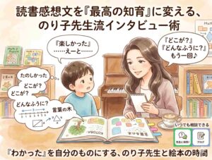 代替テキスト (Alternative Text) 説明: 温かみのある水彩画風のイラスト。若い女性講師（のり子先生）が小学生の男の子と絵本を囲み、対話している様子を描いています。 上部には「読書感想文を『最高の知育』に変える、のり子先生流インタビュー術」という大きなタイトル。男の子の思考バルーン（左下）には「たのしかった」という言葉と共に、より具体的な問いかけ（「どこが？」「どんなふうに？」）、数式チャート（「3→」など）、そして「言葉の木」の概念が描かれ、男の子は「『楽しかった』……えーと……」と講師を見ています。講師（右）は男の子に優しく微笑み、ノートとペンを持ちながら「『どこが？』『どんなふうに？』もう一回♪」と促しています。 下部には「『わかった』を自分のものにする、のり子先生と絵本の時間」というタイトル。右下にはLINEのアイコンがあり、「先生に質問！」（チャットアイコン）と「ブログ」（ノートアイコン）のボタンとともに「いつでも相談できる」と書かれています。背景の本棚には「Math Z Puzzle」や「言葉の木」などの学習教材が並んでいます。