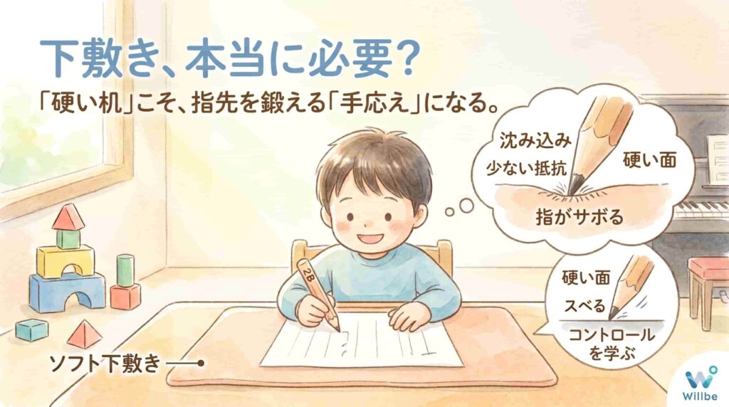 小学生の学習における下敷きの必要性を問い直すアイキャッチ画像。水彩画風の男の子が机に向かうイラストと共に、「下敷き、本当に必要？」「硬い机こそ、指先を鍛える手応えになる」というテキストを配置。ソフト下敷きで指がサボる仕組みと、硬い面でコントロールを学ぶ仕組みを比較図解した、個別指導塾Willbeのブログ用画像。