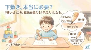 小学生の学習における下敷きの必要性を問い直すアイキャッチ画像。水彩画風の男の子が机に向かうイラストと共に、「下敷き、本当に必要？」「硬い机こそ、指先を鍛える手応えになる」というテキストを配置。ソフト下敷きで指がサボる仕組みと、硬い面でコントロールを学ぶ仕組みを比較図解した、個別指導塾Willbeのブログ用画像。
