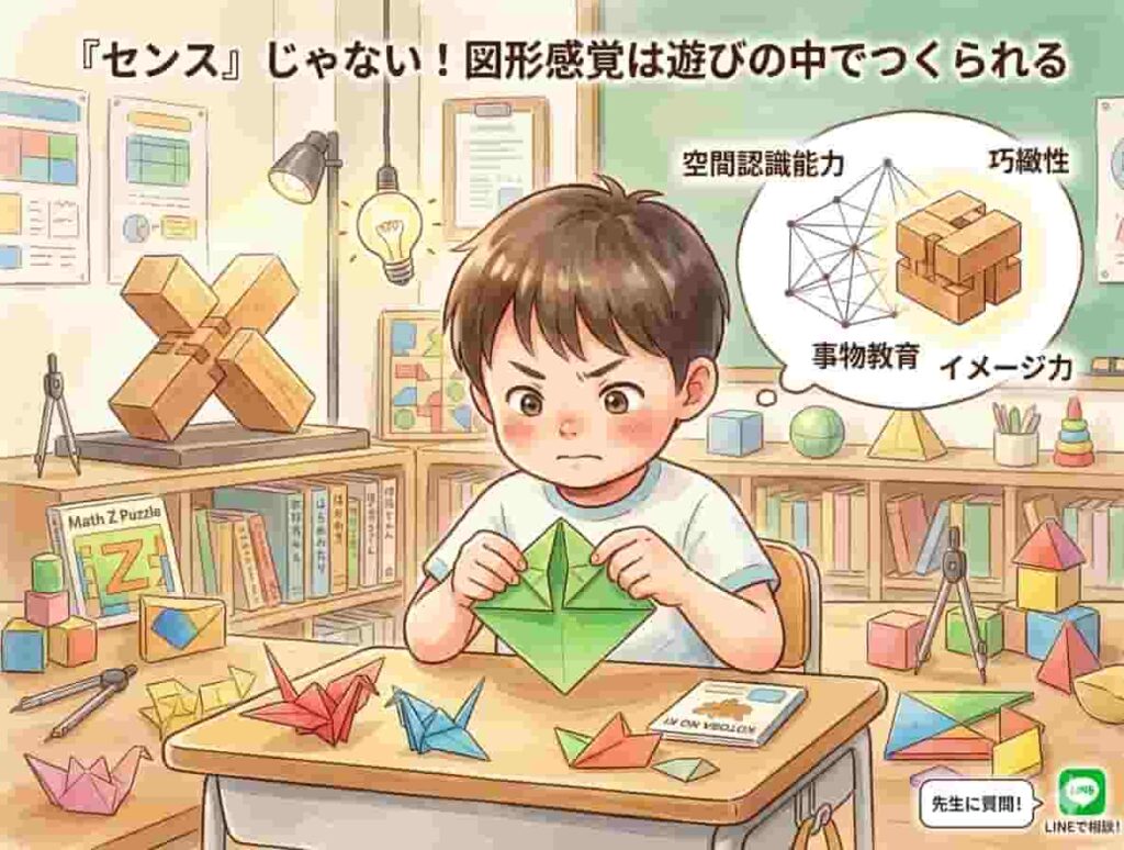 伝統的な木組み模型「継手・仕口」の展示風景と、それを学ぶ生徒に寄り添う40代ののり子先生（ロングヘアの女性講師）が優しく絵本を読んでいる学習風景のイラスト。手前には「伝統技術を学び、図形感覚を育む」と書かれた木製看板があり、左下には「継手・仕口」の構造を示す図解、右下にはLINE相談への案内がデザインされている。