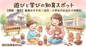 「遊びと学びの知育スポット」と題された、個別指導塾Willbeによるお出かけ体験記のサムネイル画像。水彩画風のやわらかいタッチで、姫路の「日本玩具博物館」のけん玉や独楽で遊ぶ男の子と、備前の「BIZEN中南米美術館」の古代土偶やキャラクター「ペッカリー」に触れる女の子が描かれている。赤穂・姫路周辺で幼児・小学生の知的好奇心を育むスポットを紹介するアイキャッチ画像。