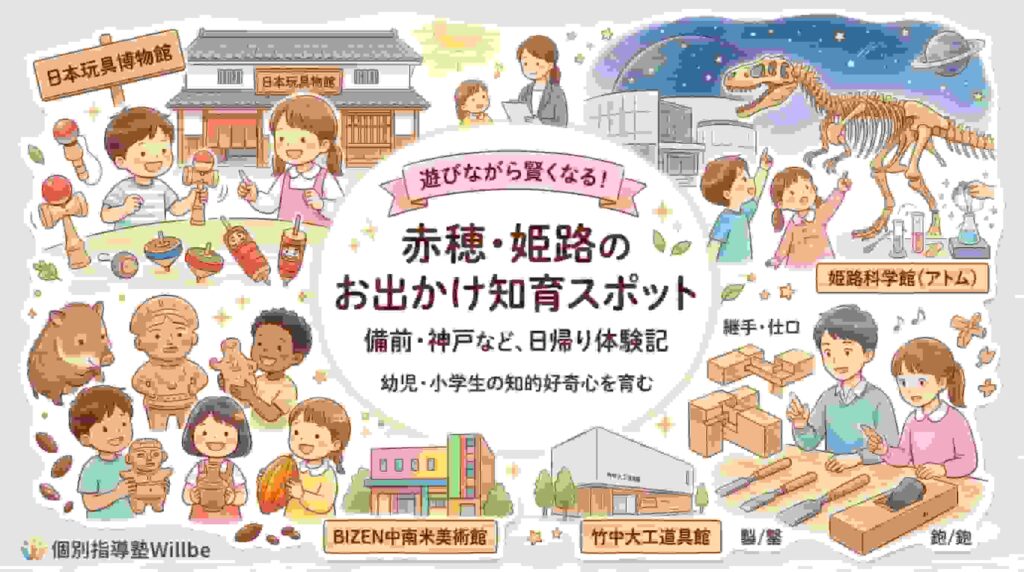 進学個別指導塾Willbeのブログカテゴリー『赤穂・姫路のお出かけ知育スポット』のアイキャッチ画像。水彩画風イラストで、けん玉、恐竜、土偶、カカオ、木組み模型など、玩具、科学、歴史、建築を象徴するアイテムに触れ、楽しそうに学ぶ子供たちが interconnected（相互に連結して）描かれている。中央には『遊びながら賢くなる！塾長厳選知育スポット』というテキスト。スポット数は明記せず、赤穂、姫路、備前、神戸周辺の幼児・小学生向け知育スポットのまとめ記事用アイキャッチ。左下にWillbeのロゴ。