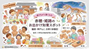 進学個別指導塾Willbeのブログカテゴリー『赤穂・姫路のお出かけ知育スポット』のアイキャッチ画像。水彩画風イラストで、けん玉、恐竜、土偶、カカオ、木組み模型など、玩具、科学、歴史、建築を象徴するアイテムに触れ、楽しそうに学ぶ子供たちが interconnected（相互に連結して）描かれている。中央には『遊びながら賢くなる！塾長厳選知育スポット』というテキスト。スポット数は明記せず、赤穂、姫路、備前、神戸周辺の幼児・小学生向け知育スポットのまとめ記事用アイキャッチ。左下にWillbeのロゴ。