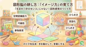 展開図から立方体を組み立てるイメージ図。平面の図形が立体的に立ち上がる様子を視覚化したイラスト。図形を「イメージする力」を象徴する、知育的なデザイン。