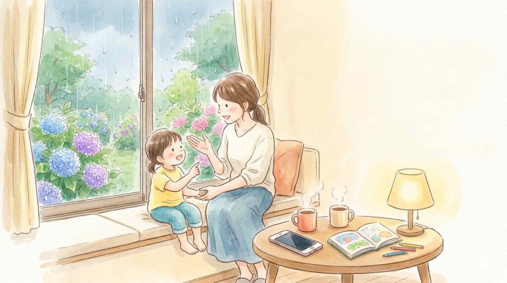 雨の日の窓辺でスマホを離れ、開いた絵本を前に楽しそうに語り合う母親と子供の水彩画風イラスト