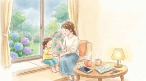雨の日の窓辺でスマホを離れ、開いた絵本を前に楽しそうに語り合う母親と子供の水彩画風イラスト