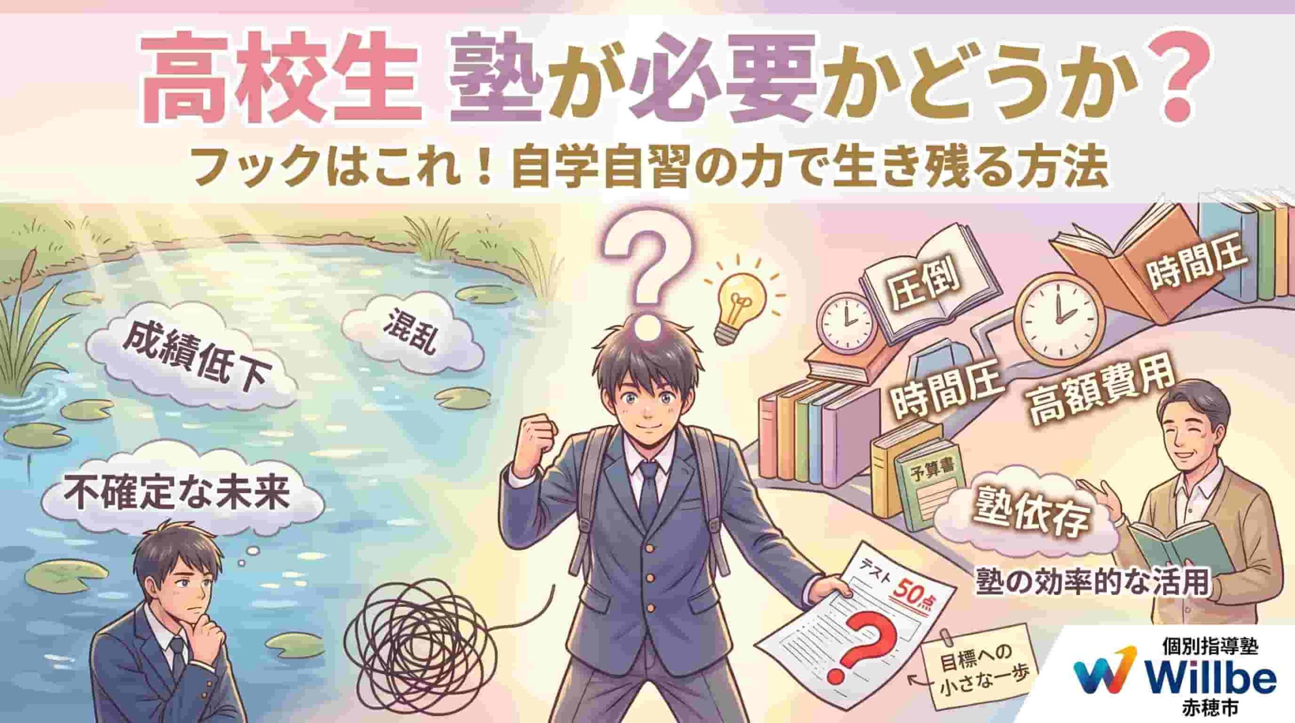 ブログ記事「高校生に塾は必要か？」のアイキャッチ画像。成績低下や時間不足、塾依存といった鎖を断ち切り、自学自習の力で希望の光へ向かって力強く進む男子高校生の温かみのあるイラスト。「高校生 塾が必要かどうか？フックはこれ！自学自習の力で生き残る方法」のタイトル文字と、個別指導塾Willbeのロゴが描かれている。