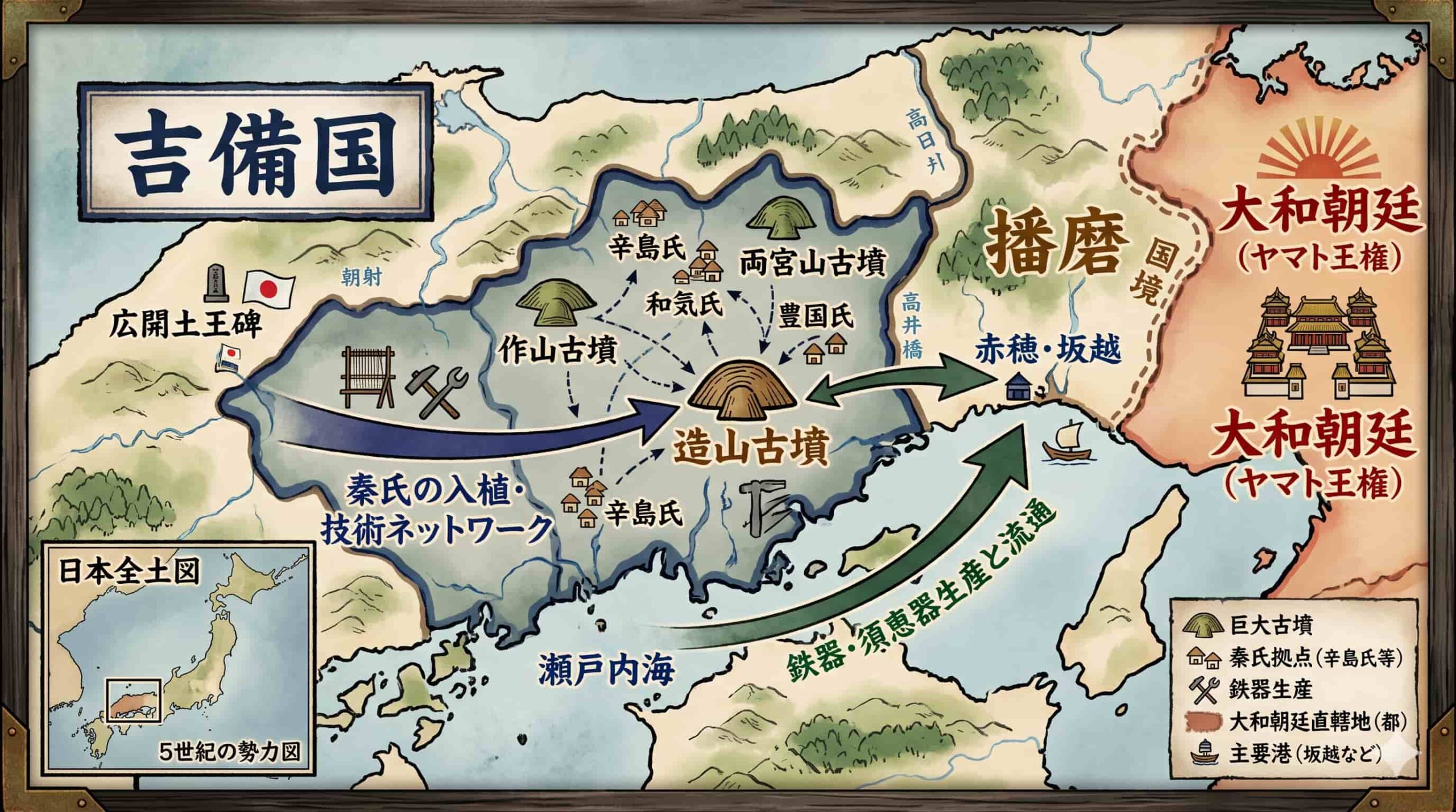 学習塾ブログのサムネイル。「聖徳太子前夜：秦氏と巨大豪族の黄金時代」という大きな黄色いタイトルと、「シリーズ⓪ 古墳時代から飛鳥へ」というサブタイトル。背景には古代の日本地図が描かれ、大和朝廷（ヤマト王権）と、それに対抗する強力な「吉備国」のエリアが色分けされている。吉備の地には、造山古墳や作山古墳などの巨大古墳が築かれ、秦氏などの技術者集団がもたらした最新技術（織機や鉄器）のアイコンが添えられている。右下には、桃太郎のモデルとされる「吉備津彦命」と、鬼のモデルとなった「温羅」が守る古代山城「鬼ノ城」のイラストが描かれ、古代日本の勢力争いと技術革新をテーマにしたブログ用サムネイル。