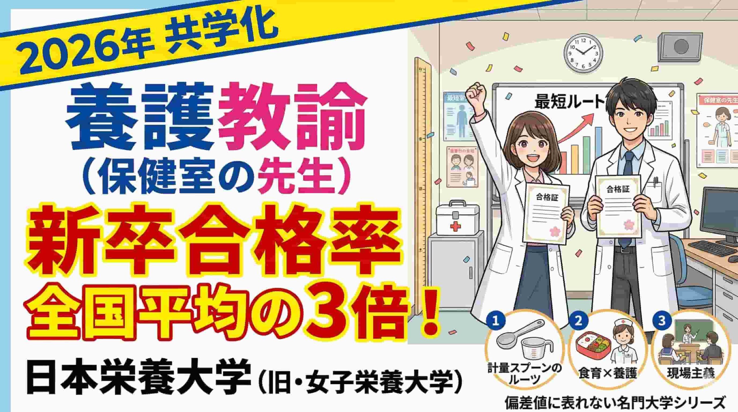 養護教諭（保健室の先生）採用試験は倍率8倍超の難関。新卒合格は奇跡と言われる中、日本栄養大学（女子栄養大学）はなぜ全国平均3倍の実績を出せるのか？2026年共学化で注目される同校の、計量スプーン考案の歴史や独自の食育・単位数に隠された「合格の秘密」を現役塾長が徹底解説します。