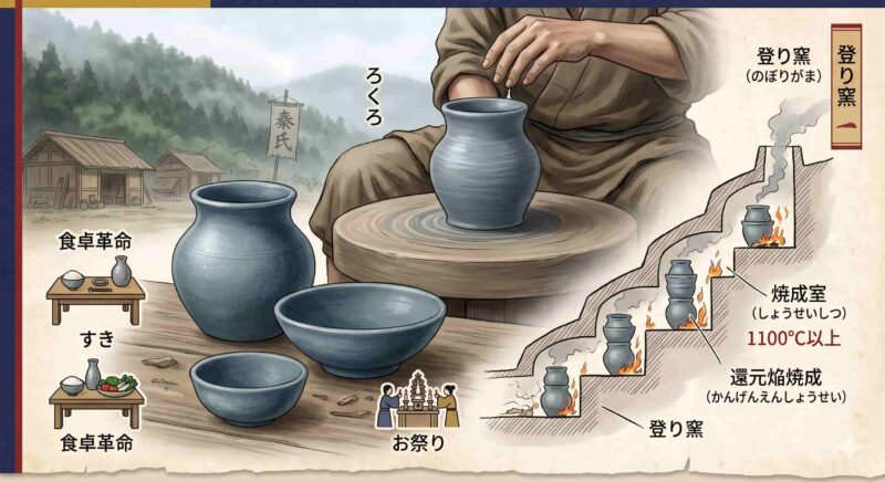 古代日本のハイテク製品「須恵器」の解説画像。青灰色の硬い壺や瓶、山の斜面を利用した登り窯の断面図、秦氏が広めたろくろ技術のアイコン、そして食卓革命やお祭りの様子を1枚にまとめた歴史図解。