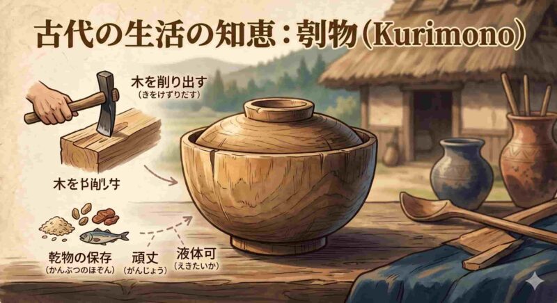 古代日本の木製容器「刳物（くりもの）」の解説画像。丸太をノミで削り出して作る様子と、継ぎ目のない頑丈な本体、米櫃や高坏としての用途を示すアイコン。曲物や須恵器との違いを比較する図解。