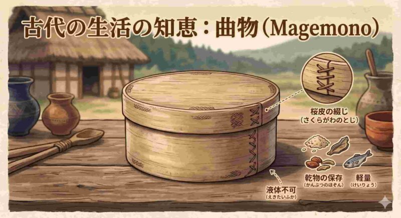 古代日本の木製容器「曲物」の解説画像。桧の薄板を円形に曲げ、桜の皮で綴じた本体、手仕事の様子を示すアイコン、乾物を保存する様子、そして液体不可の注意点を1枚にまとめた歴史図解。