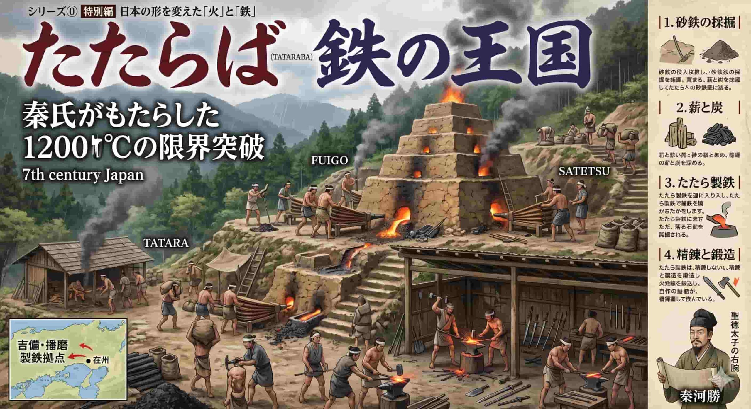 古代日本の製鉄工場「たたらば」の解説画像。燃え盛るたたら炉と、巨大な天秤ふいご、そして生み出された鉄の剣や農具。背景には砂鉄を採掘する川や豊かな森林。