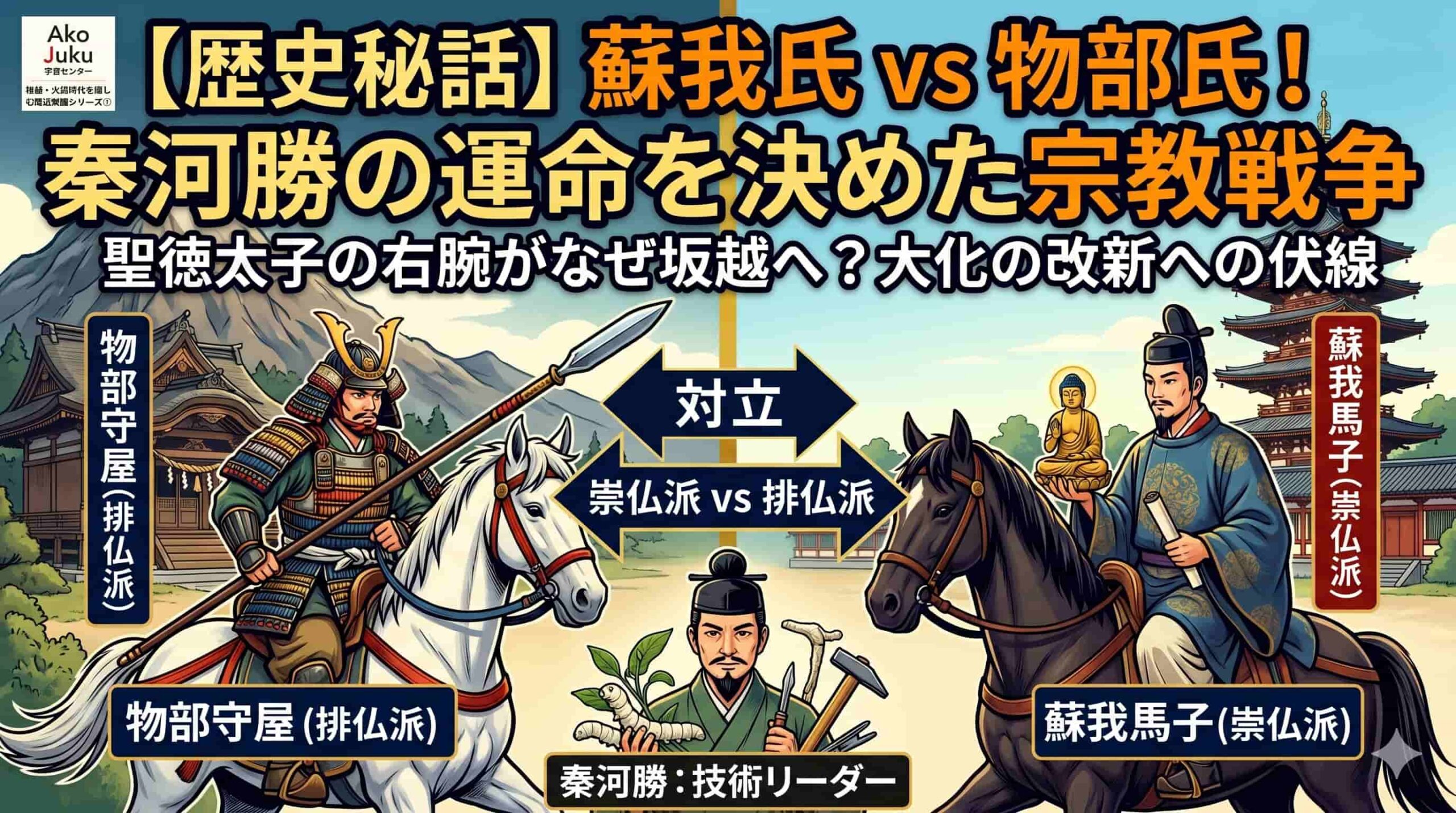 飛鳥時代の権力争いを描いたイラスト。左側に白馬に乗った「物部守屋（排仏派）」、右側に黒馬に乗った「蘇我馬子（崇仏派）」が対峙し、中央下には技術集団のリーダー「秦河勝」が配置されている。上部には「蘇我氏 vs 物部氏！秦河勝の運命を決めた宗教戦争」というブログタイトルが入っている。