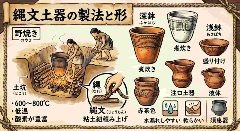 縄文土器の製法を説明する解説画像。地面に掘った穴で土器を焼く「野焼き」の様子と、600〜800℃の低温、赤茶色の土器、そして手づくね（粘土紐積み上げ）技術のアイコン。須恵器との違いを比較する図解。