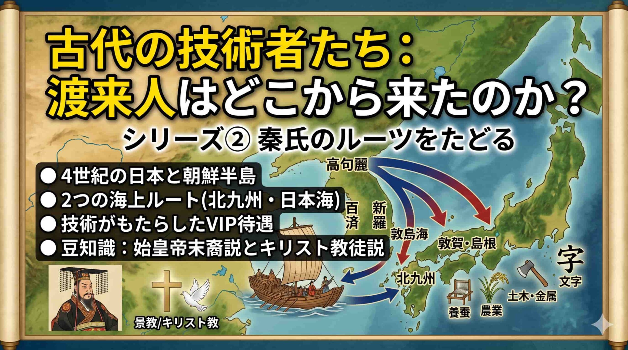 学習塾ブログのサムネイル。「古代の技術者たち: 渡来人はどこから来たのか？」という大きな黄色いタイトルと、「シリーズ② 秦氏のルーツをたどる」というサブタイトル。背景には古代の日本海と朝鮮半島の地図が描かれ、命がけで海を渡る木造船と、渡来ルートを示す矢印（対馬海峡・日本海）がダイナミックに表現されている。秦氏のアイデンティティを象徴する「始皇帝の末裔説」と「キリスト教徒説」を示す、皇帝の肖像画と十字架・鳩のアイコンが豆知識として添えられている。日本の海岸線には、養蚕（織機）、農業（稲穂）、土木・金属（斧）、文字（漢字）のアイコンがあり、渡来人がもたらした最新技術を視覚的に表現している。全体的に古代日本のアートと地図デザインが融合した、知的好奇心を刺激するデザイン。