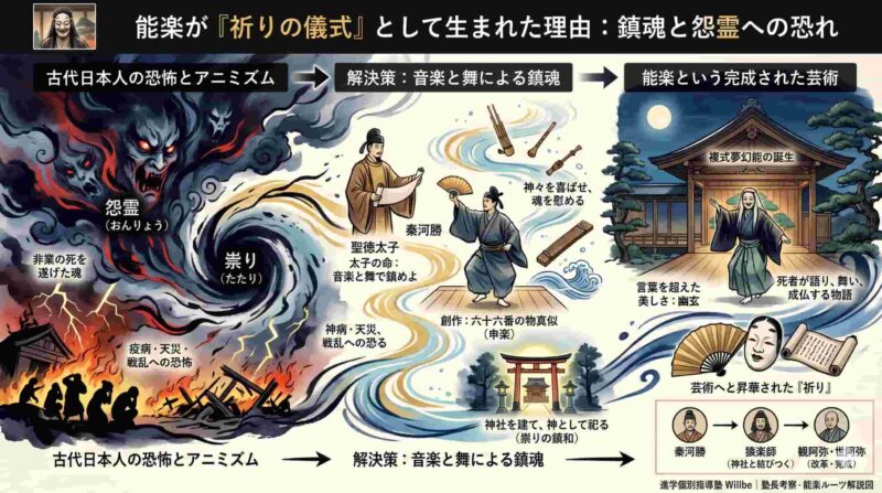 H2見出し直下の解説図。「教科書には載っていない、能楽が『祈りの儀式』として生まれた理由」をテーマに、古代日本の怨霊への恐怖（左）、聖徳太子と秦河勝による鎮魂の舞の誕生（中央）、そして完成された能楽から現代の金春流、坂越の大避神社の秋祭りへと続く芸能伝承の系譜（右）を直感的に理解するためのフローチャート。