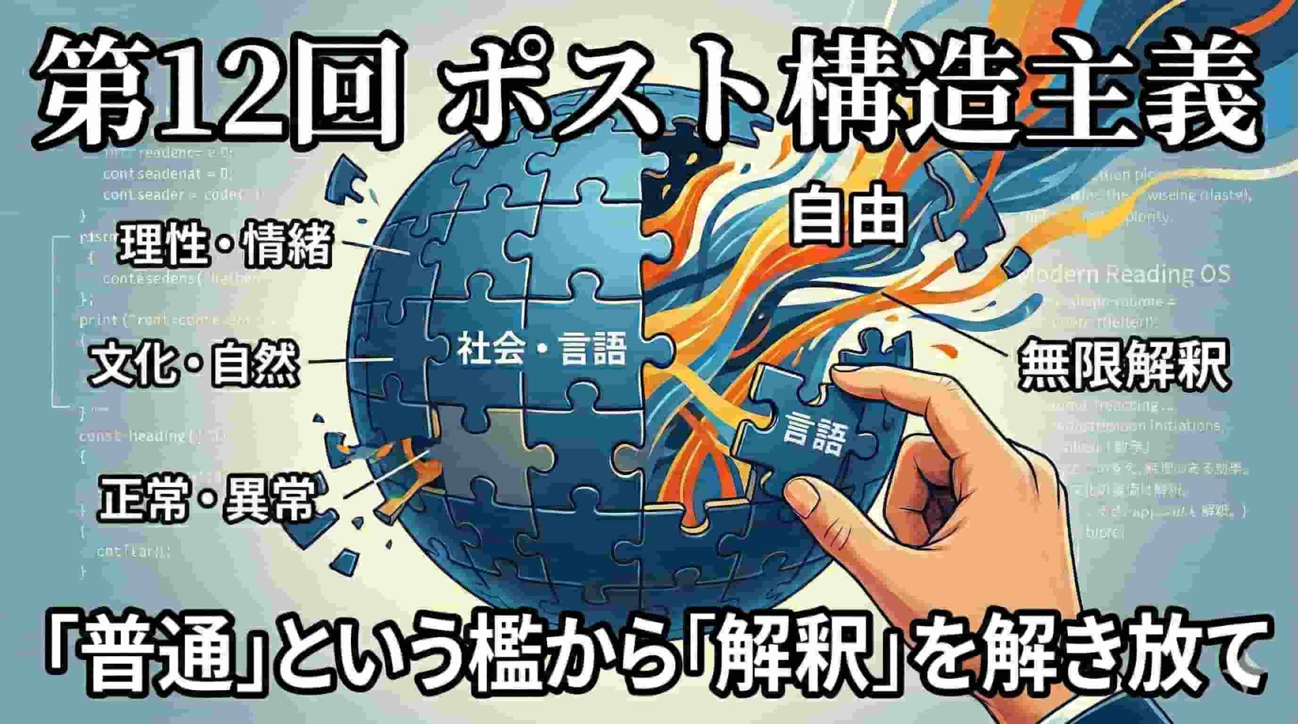 大学受験現代文の重要テーマ「ポスト構造主義」と「脱構築」のイメージ図。理性・情緒、文化・自然といった構造を解体し、多様な解釈へと解放されるプロセスを描いた背景知識アーカイブの画像。