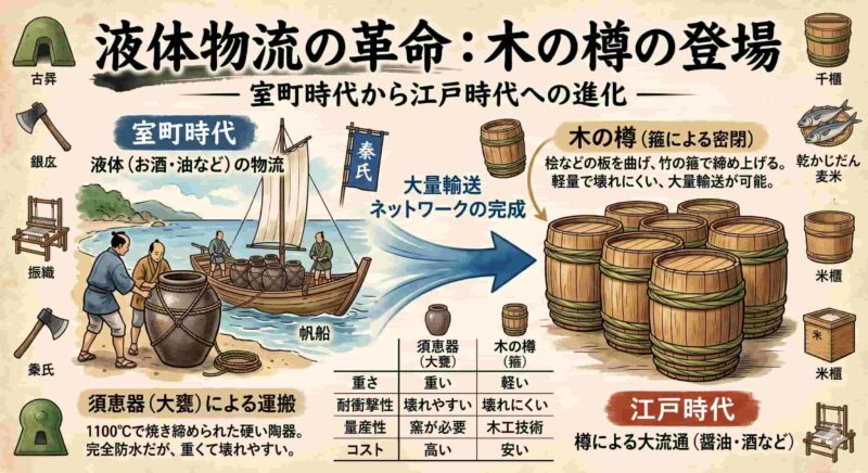 日本の液体物流の進化を示す歴史図解。室町時代（須恵器の大甕による運搬）から、江戸時代（木の樽による大流通）への移行を示す。重さ、耐衝撃性、量産性などの比較表付き。