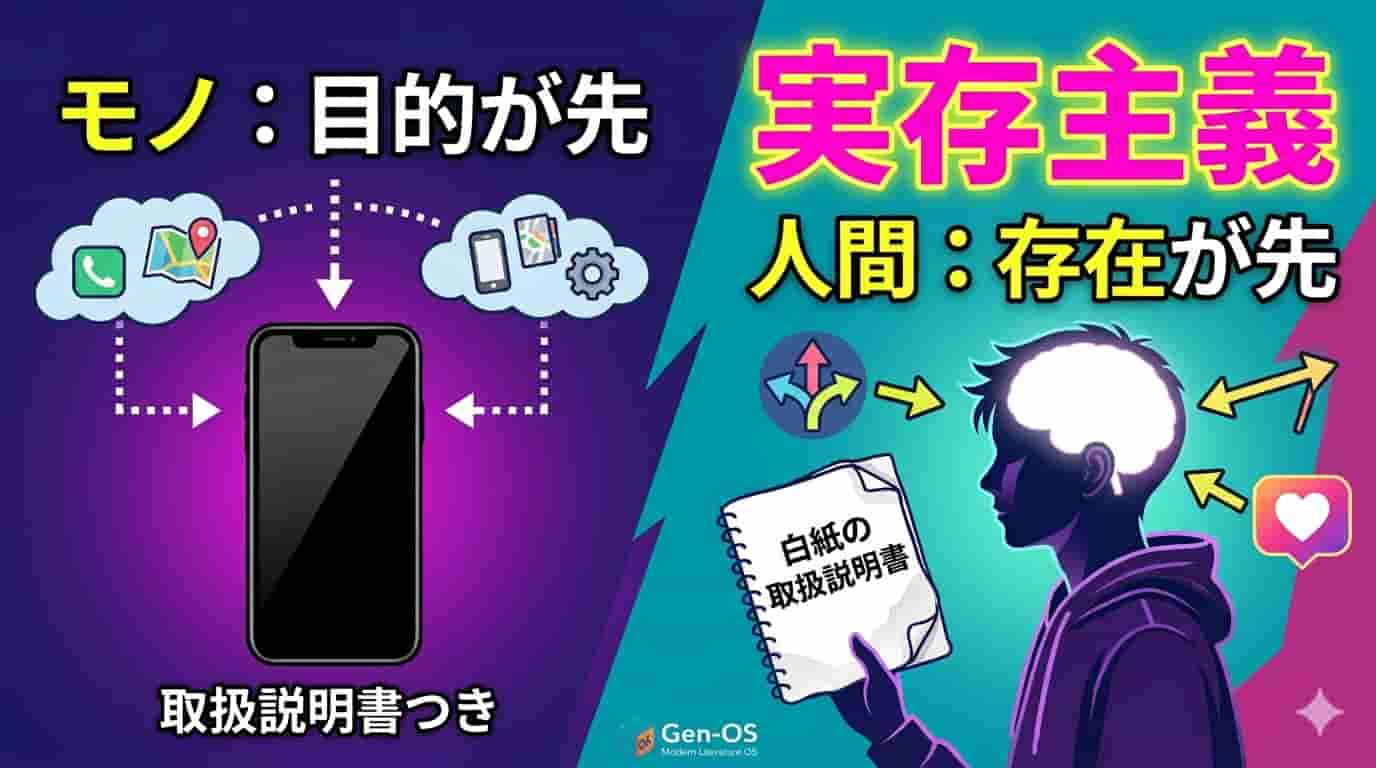 現代文のキーワード「実存主義」を解説するブログ記事のサムネイル画像。画面左側には「モノ:目的が先」「取扱説明書つき」という文字とともに、スマホとアプリのアイコンが描かれている。対照的に右側には、「人間:存在が先」という文字とともに、少年のシルエットが「白紙の取扱説明書」を手に持っている様子が描かれ、目的が未定のまま存在し、自分で生きる意味を決めるという実存主義の概念を視覚的に対比させたデザイン。