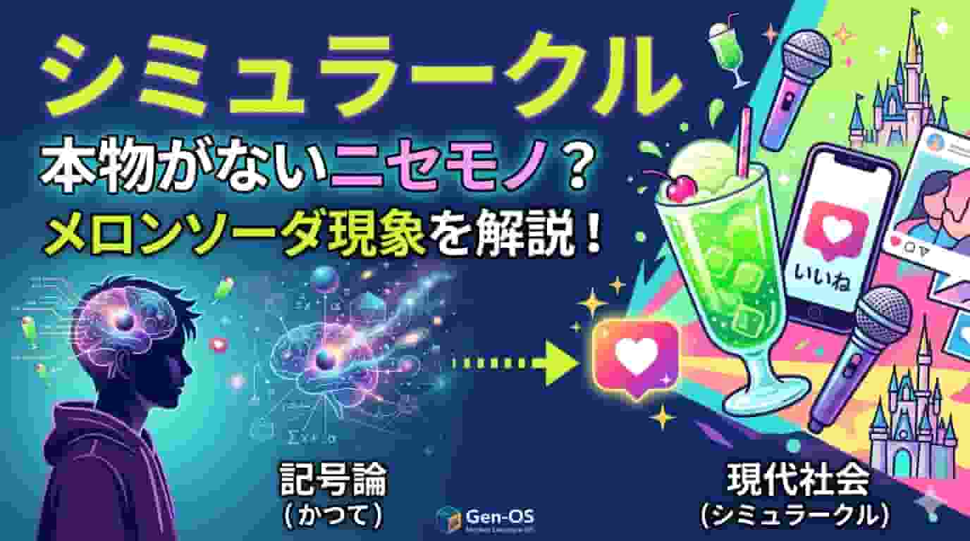 現代文のキーワード「シミュラークル」を解説するブログ記事のサムネイル画像。サイバー調の少年のシルエットとともに、「シミュラークル」「本物がないニセモノ？メロンソーダ現象を解説！」という大きなキャッチコピーが配置されている。画像の右側には、シミュラークルやハイパーリアルの具体例として、鮮やかな緑色のメロンソーダ、SNSの「いいね」画面、マイク、テーマパークの城のイラストが描かれ、現代社会の消費やメディアの構造を視覚的に表現したデザイン。
