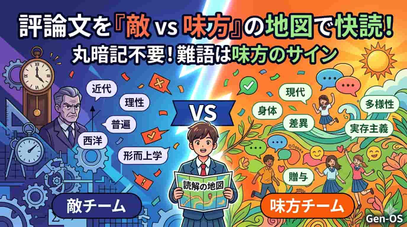 「評論文を『敵vs味方』の地図で快読！丸暗記不要！難語は味方のサイン」という文字が書かれた、現代文キーワードまとめ記事のサムネイル画像。画面中央には「読解の地図」を持つ学生が立ち、全体が左右に分割されている。左側の青い背景（敵チーム）には厳格な人物や歯車と共に「近代」「理性」「普遍」「西洋」「形而上学」の語が並び、右側の温かい背景（味方チーム）には自然や笑顔の生徒たちと共に「現代」「身体」「差異」「多様性」「実存主義」「贈与」の語が並んでおり、評論文の二項対立の構造を視覚的に表現している。