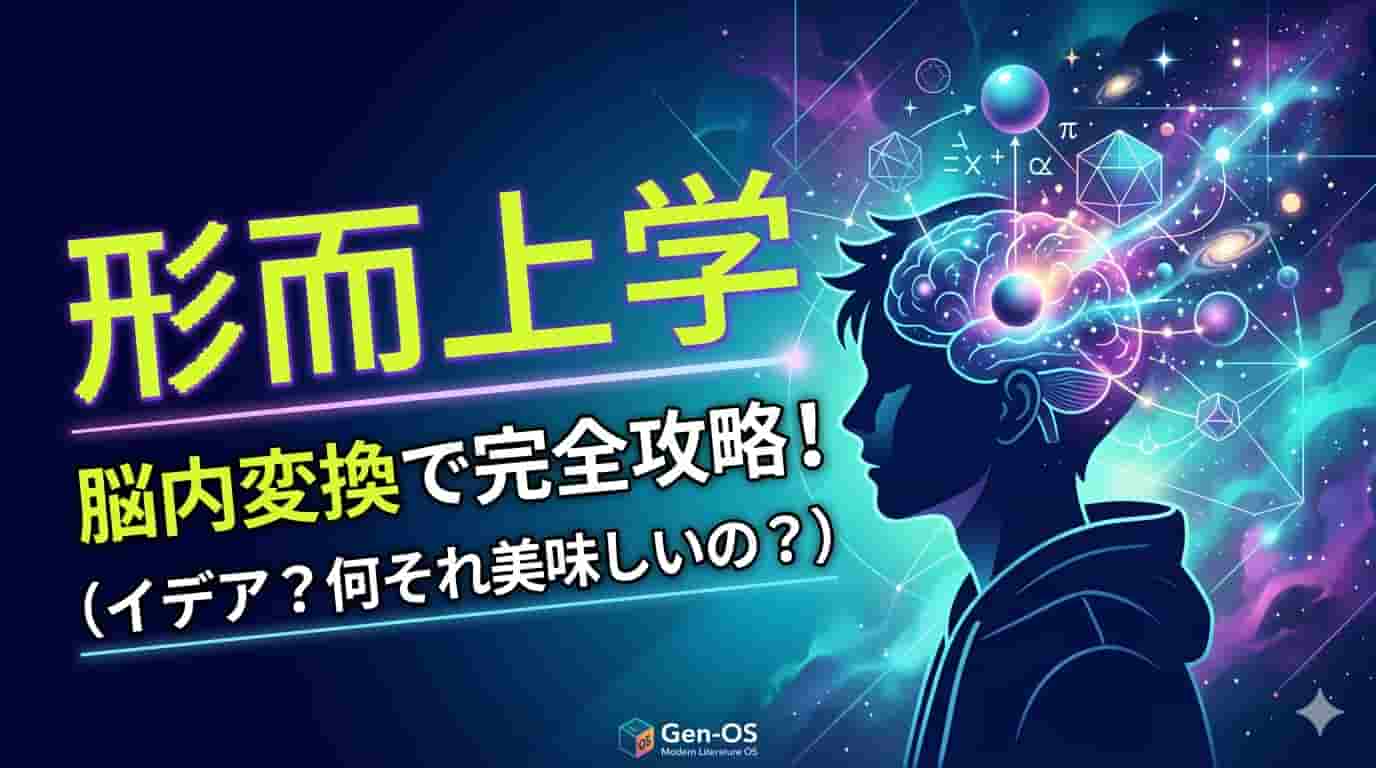 現代文のキーワード「形而上学」を解説するブログ記事のサムネイル画像。頭の中から宇宙や幾何学模様、数式が溢れ出す少年のシルエットと共に、大きく「形而上学」「脳内変換で完全攻略！（イデア？何それ美味しいの？）」というキャッチコピーが配置されている。難解な哲学用語を、高校生向けに親しみやすく噛み砕いて解説する記事のコンセプトを表現したサイバー調のデザイン。