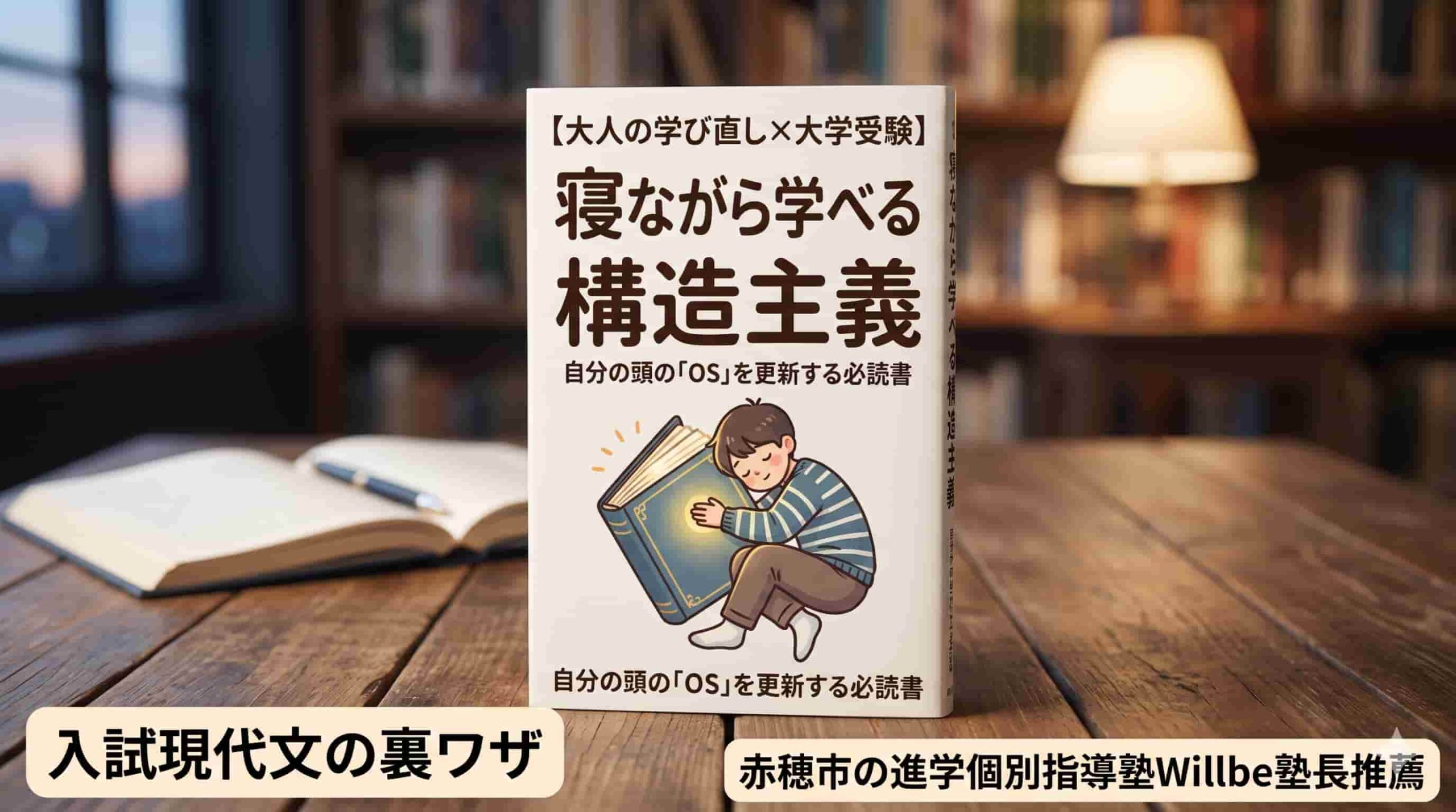 赤穂市の学習塾Willbeが推薦する書籍『寝ながら学べる構造主義』のブログ用サムネイル画像。「大人の学び直し」と「大学受験の現代文対策」に役立つ必読書として紹介しています。