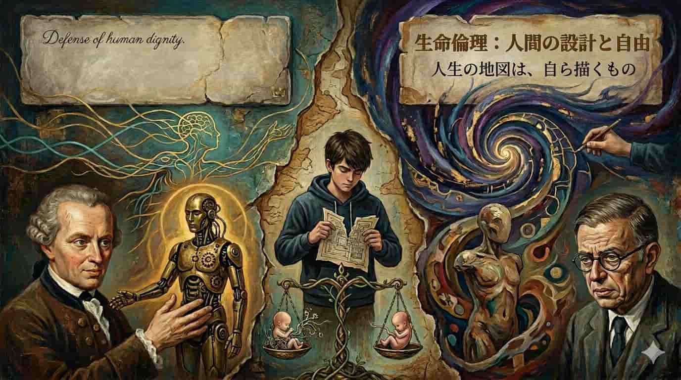 「生命倫理:人間の設計と自由」「人生の地図は、自ら描くもの」というテキストが配置された、生命倫理をテーマにした絵画風のサムネイル画像。左側には哲学者カントと機械の人間、天秤に乗せられた胎児が描かれ「命の手段化と尊厳」を問いかけている。右側には哲学者サルトルと、自ら軌跡を描く手が配置されている。その中央で、一人の若者が自分に与えられた「設計図(取扱説明書)」を破り捨てており、あらかじめ決められた目的を乗り越えて、自らの人生の主人公として歩み出そうとする姿が象徴的に描かれている。
