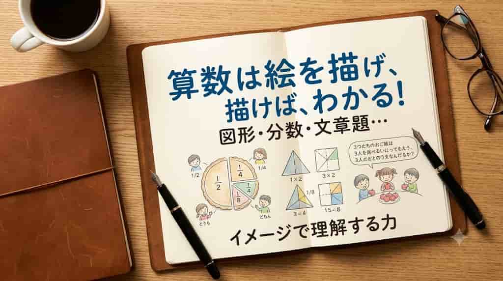 「算数は絵を描け、描けば、わかる！」というメッセージと、図形や分数の手書きイラストが描かれたノートの画像