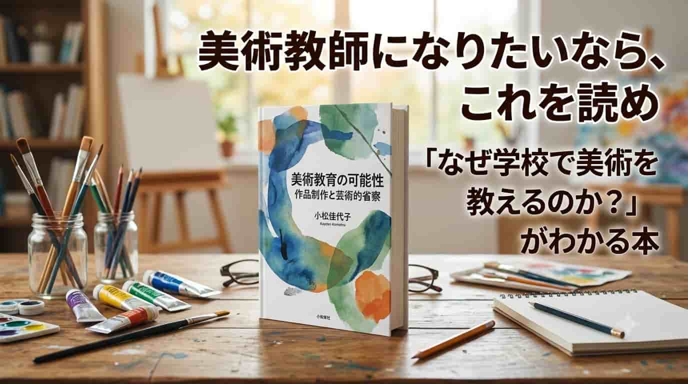 木の机の上に置かれた小松佳代子著『美術教育の可能性』の専門書と、周囲に散りばめられた筆や絵具などの画材、背景に美術室を描いた画像。「美術教師になりたいなら、これを読め」という記事タイトルが大きく入っています。