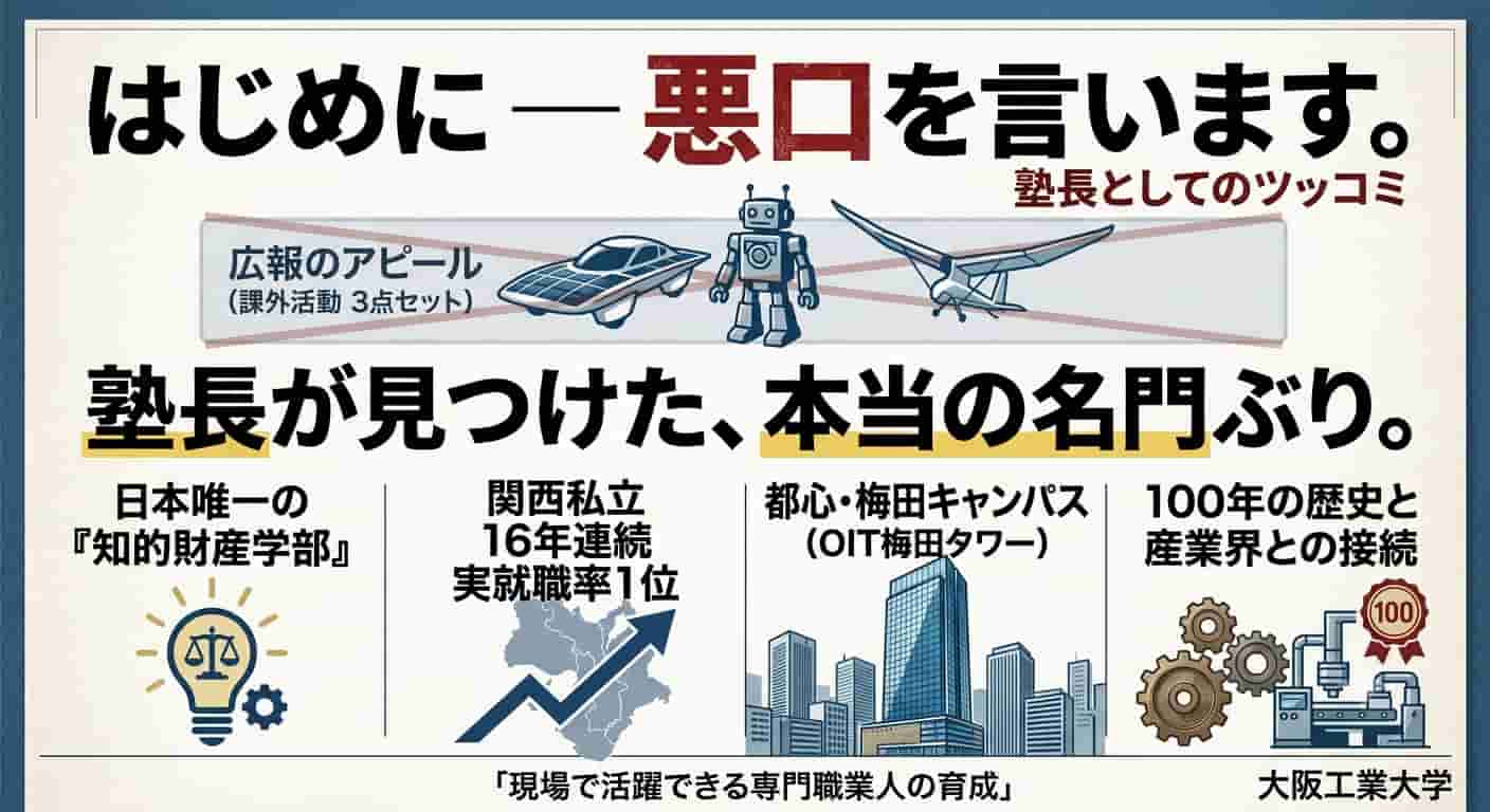 大工大（大阪工業大学）に関するブログ記事のアイキャッチ画像です。 上部には「はじめに ― 悪口を言います。 塾長としてのツッコミ」というキャッチーな文字が並び、その下に広報でよく使われる「ソーラーカー」「ロボット（ロボコン）」「飛行機（鳥人間コンテスト）」のイラストが×印で打ち消されるように配置されています。 中央には大きく「塾長が見つけた、本当の名門ぶり。」と書かれており、下部では大工大の本当の強みとして以下の4つのポイントが図解されています。 日本唯一の『知的財産学部』（電球と天秤のアイコン） 関西私立 16年連続 実就職率1位（右肩上がりの矢印と関西の地図） 都市心・梅田キャンパス（OIT梅田タワー）（そびえ立つ高層ビルのイラスト） 100年の歴史と産業界との接続（歯車と工場のアイコン、100年の勲章） 最下部には、大学の建学の精神である「現場で活躍できる専門職業人の育成」という言葉と「大阪工業大学」のロゴが記載されています。