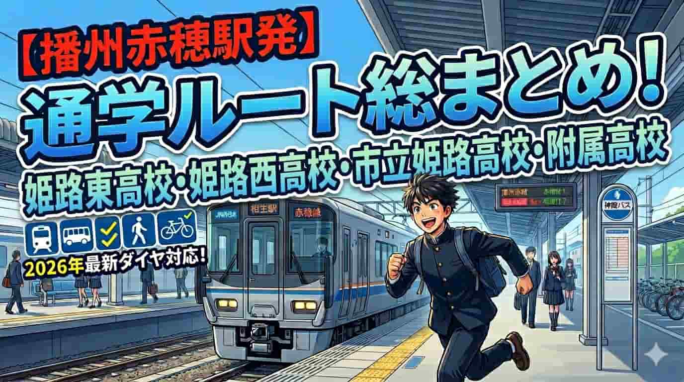 【播州赤穂駅発】近隣高校への通学ルート・所要時間まとめのサムネイル。姫路方面の高校（姫路東・姫路西・市姫・県大附属）へのアクセスや乗り換え、2026年の最新ダイヤに対応した解説画像。