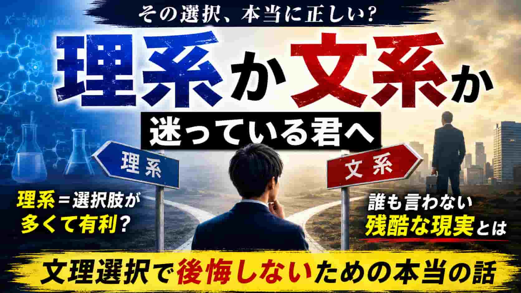 高校の文理選択で理系か文系か迷う高校生を描いたブログサムネイル。「理系は本当に有利?」「文理選択で後悔しないための本当の話」をテーマに、理系神話と進路選択の現実を解説する記事のアイキャッチ画像。
