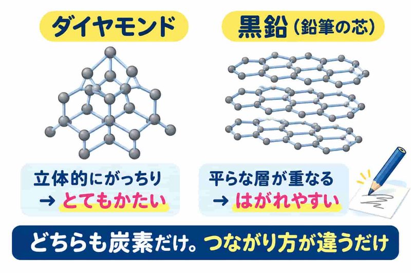 ダイヤモンドと黒鉛(鉛筆の芯)の炭素原子のつながり方の比較図。ダイヤモンドは立体的にがっちりつながってとてもかたく、黒鉛は平らな層が重なっていてはがれやすい。どちらも炭素だけで、つながり方が違うだけ